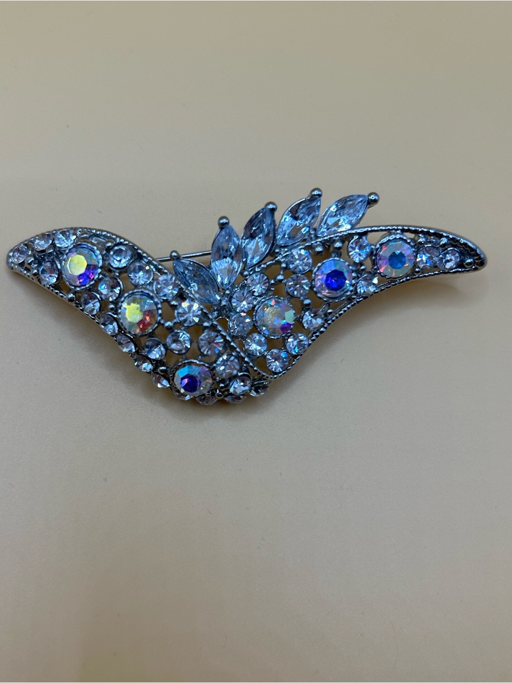 Aurora Crystal Accent Wing Brooch - Silver-Tone
